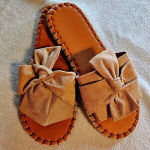 NWOT Tan Flat European Sandals with Cloth Bow. Size 11.